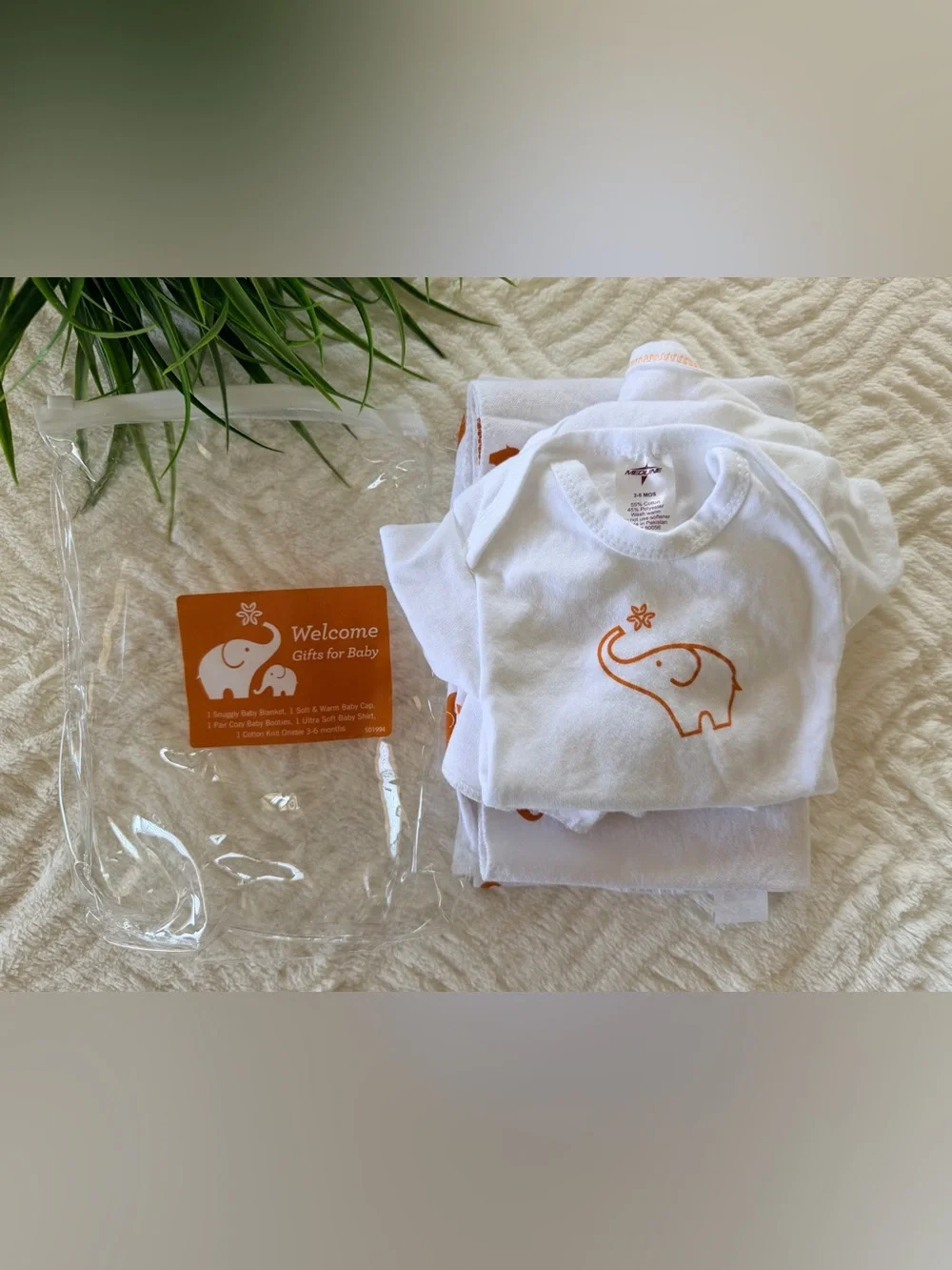 White Baby Essentials Set with Orange Elephant Print - 5 Piece
